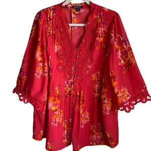 Roaman’s Blouse Top Pintucks Crochet Lace Button Detail Sz 14W Bell Sleeves Red